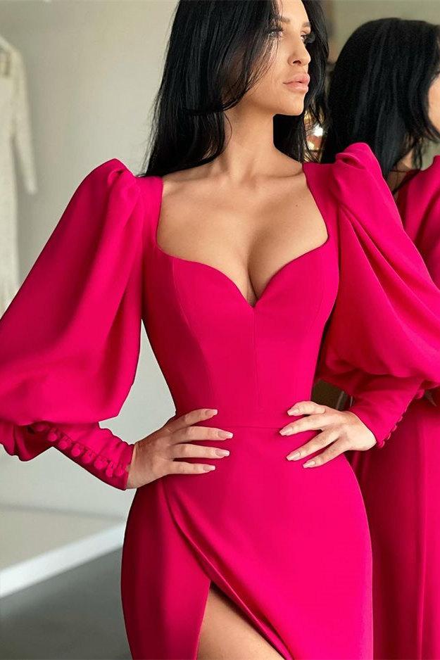 ELEGANT BUBBLE SLEEVES SWEETHEART RED SIDE-CUT MERMAID PROM DRESS,DS3506