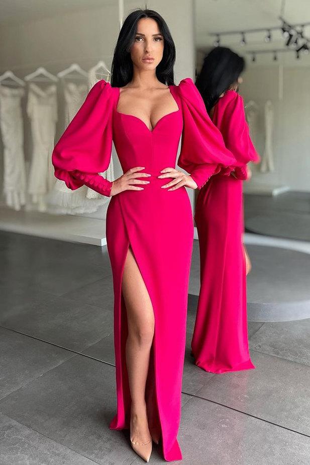 ELEGANT BUBBLE SLEEVES SWEETHEART RED SIDE-CUT MERMAID PROM DRESS,DS3506