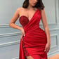 SEXY RED ONE SHOULDER SLIT PROM DRESS LONG WITH SEQUINS BEADINGS,DS3504
