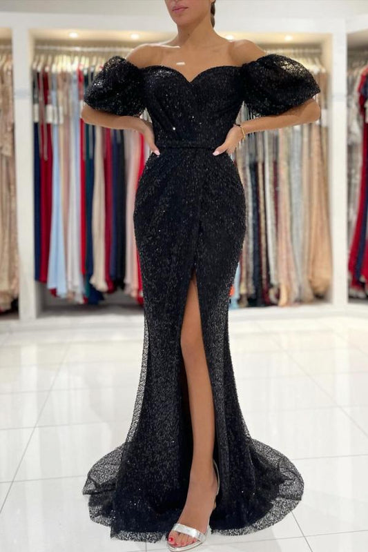 SEXY OFF-THE-SHOULDER BLACK MERMAID SEQUINS PROM DRESS LONG WITH SLIT,DS3498