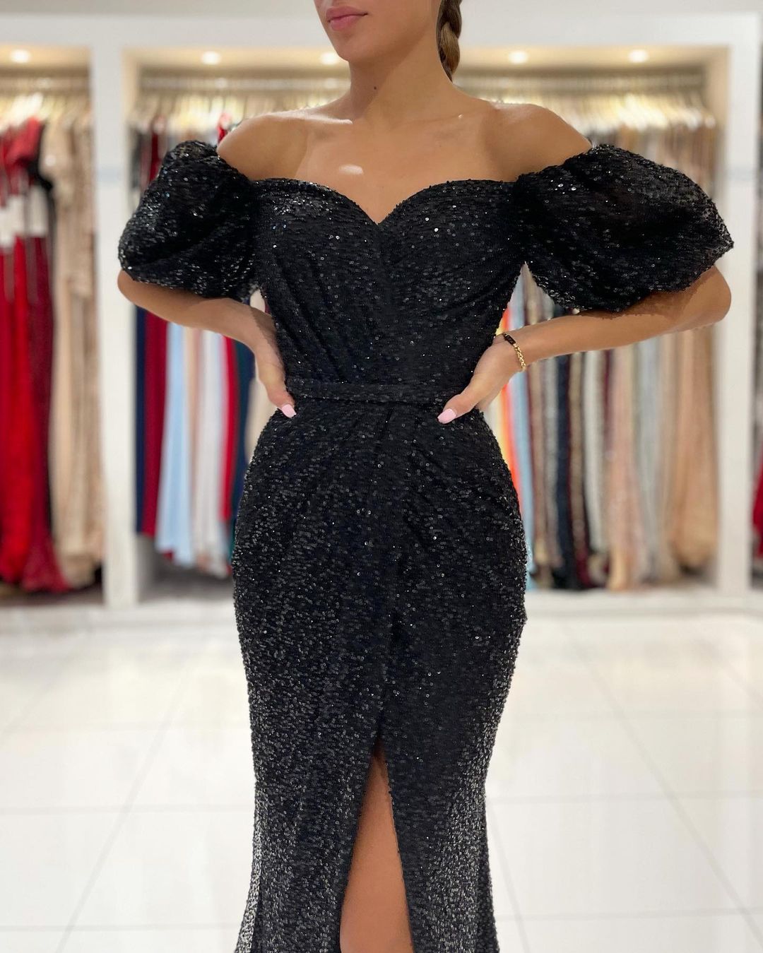 SEXY OFF-THE-SHOULDER BLACK MERMAID SEQUINS PROM DRESS LONG WITH SLIT,DS3498