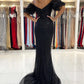 SEXY OFF-THE-SHOULDER BLACK MERMAID SEQUINS PROM DRESS LONG WITH SLIT,DS3498