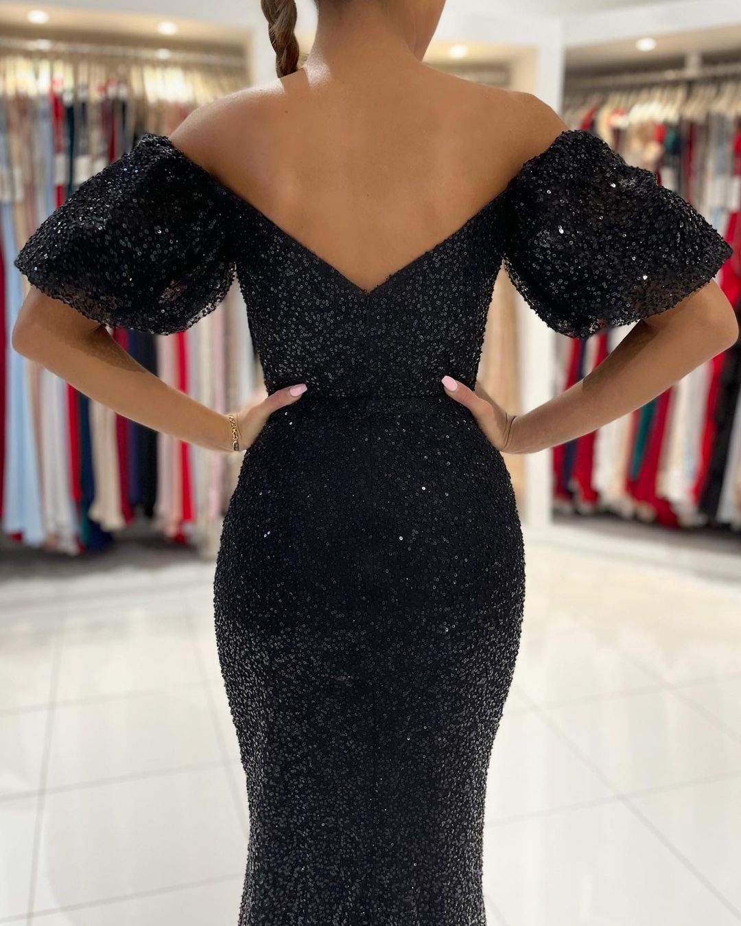 SEXY OFF-THE-SHOULDER BLACK MERMAID SEQUINS PROM DRESS LONG WITH SLIT,DS3498
