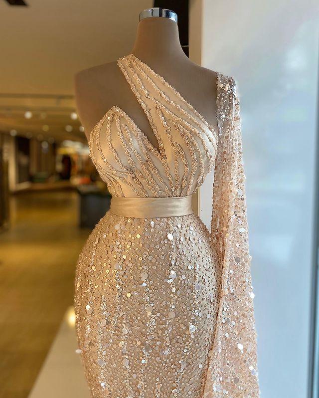 Gold Luxurious Sparkly Evening Dresses Beaded Sequins Prom Dresses Feather Formal Parrty Second Reception Gowns,CD3156