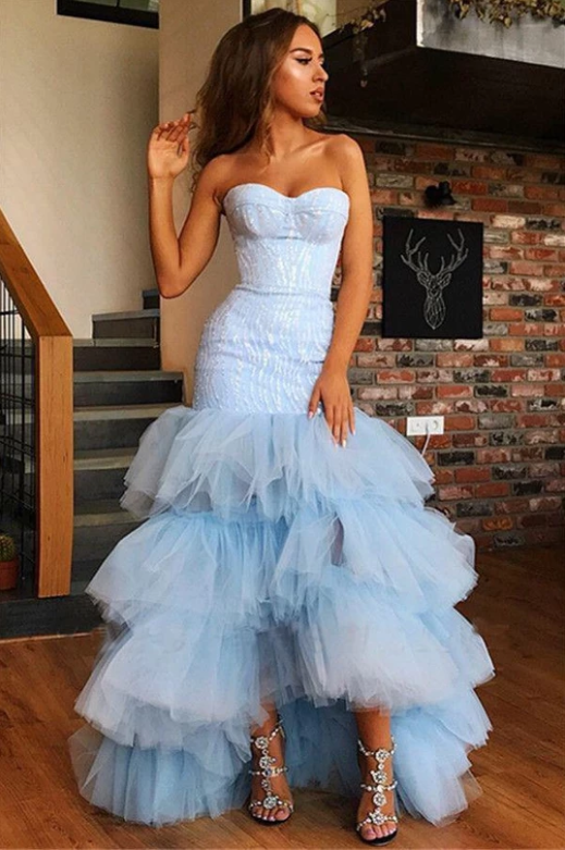 Light Blue Mermaid Strapless Tulle Prom Dresses , Prom outfits Bowknot Layers Evening Dresses,DS4428