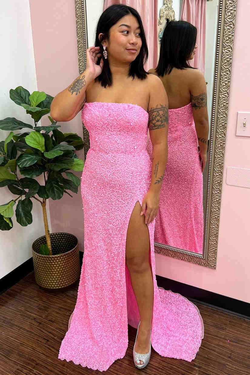 Strapless Pink Sequins Prom Dress with Slit,DS4603