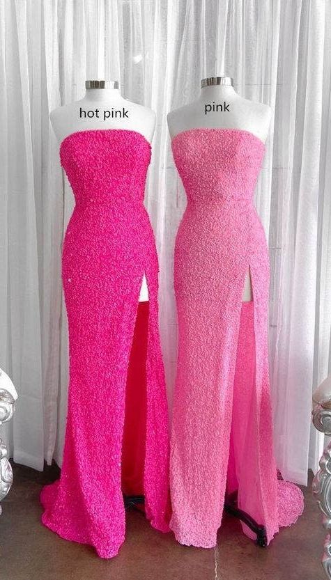 Strapless Pink Sequins Prom Dress with Slit,DS4603