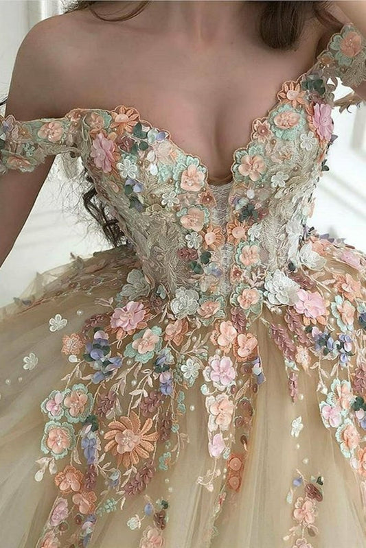 Gorgeous Off Shoulder Champagne Lace Floral Prom Dress, Long 3D Flower Champagne Formal Evening Dress, Champagne Ball Gown,DS4350