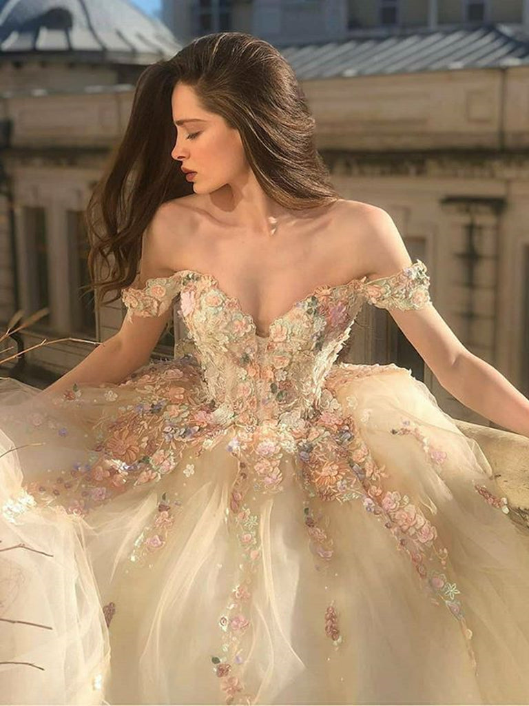 Gorgeous Off Shoulder Long Champagne Lace Floral Prom Dresses, Off Sho DSProm Gorgeous Off Shoulder Long Champagne Lace Floral Prom Dresses, Off Sho DSProm