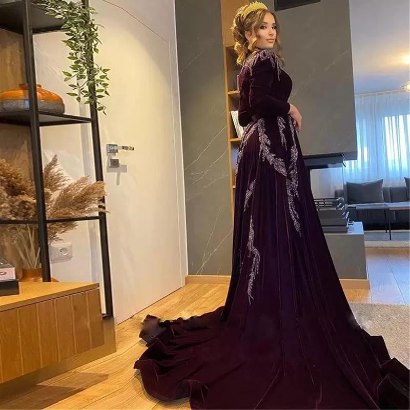 High Collar Sexy Keyhole Neckline Evening Dresses Mermaid Side Split Long Sleeves Prom Party Women Wear Applique Vestidos,LW044