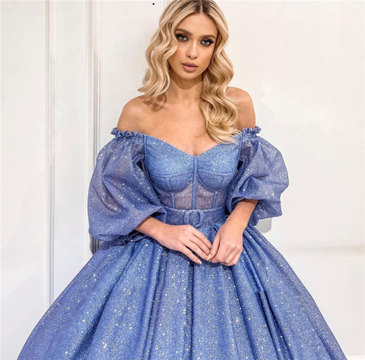 Sparkling Sequined Quinceanera Dresses Sweetheart Puffy Half Sleeves Vestidos De 15 Años Long Ruched A Line Prom Formal Banquet,LW059