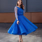 Light Royal Blue Tea Length Prom Dresses Scoop Neck Long Sleeves Homecoming Party Graduation Gowns Short A Line Women Wear,LW052