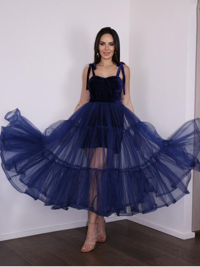 Navy Blue Prom Dresses Spaghetti Sweetheart Velvet Top Homecoming Party Gowns Ankle Length Tulle Bride Evening Wear,LW061