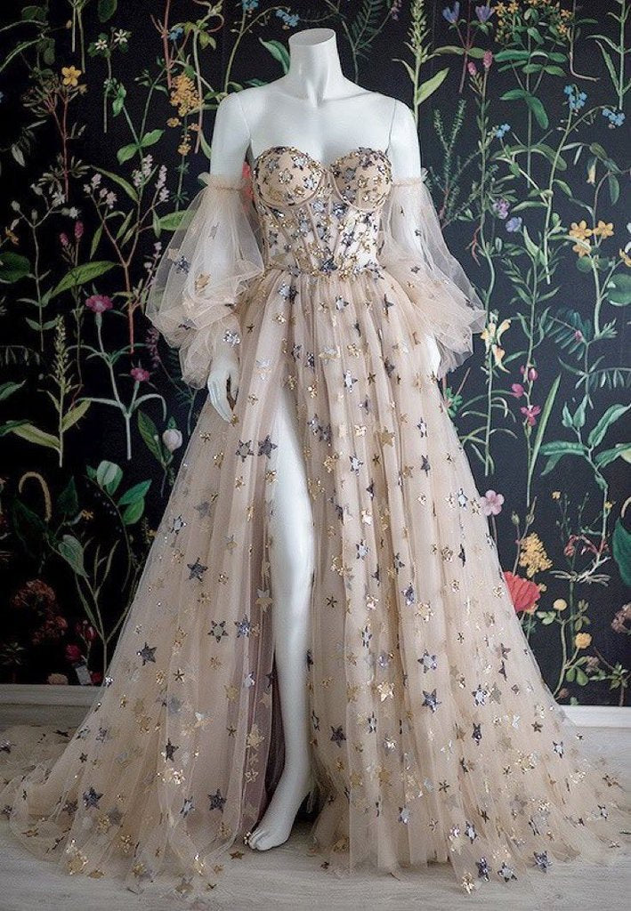 Sweetheart Champagne Tulle Bubble Sleeves Long A Line Prom Dress Beaded Evening Dress ,DS4573