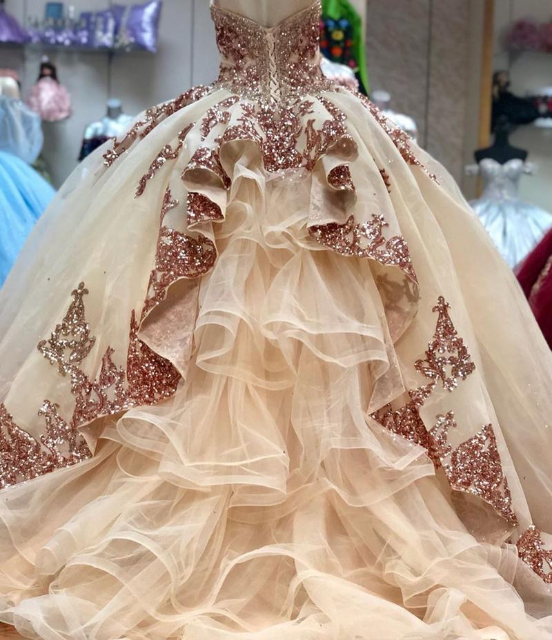 Sparkly Rose Gold Quinceanera Prom Dresses Sweetheart Lace Applique Sequins Ball Gown Tulle Formal Dress,DS4393