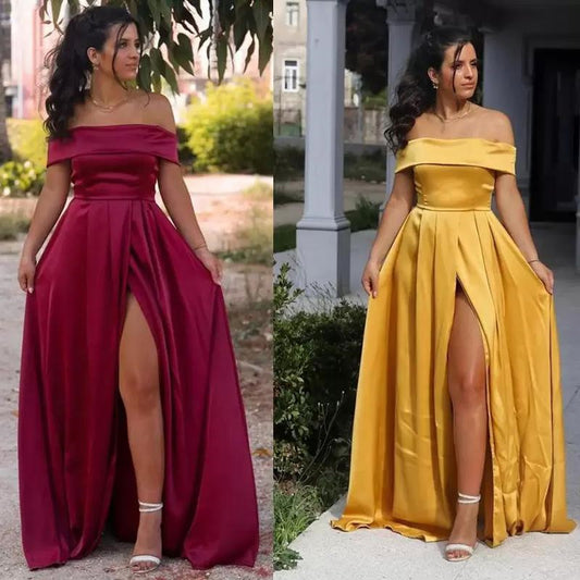 Formal Party Dresses Evening Women Wear Bateau Neck Ruched Side Split Prom Gowns Sexy Backless A Line Robe De Marrige,LW050