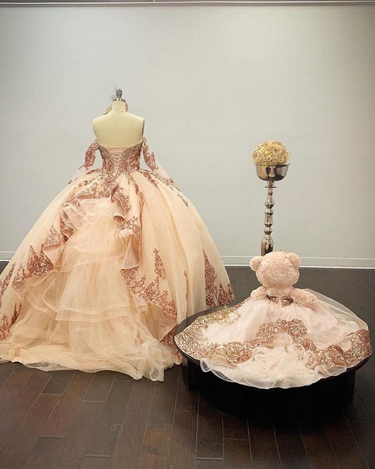 Sparkly Rose Gold Quinceanera Prom Dresses Sweetheart Lace Applique Sequins Ball Gown Tulle Formal Dress,DS4393