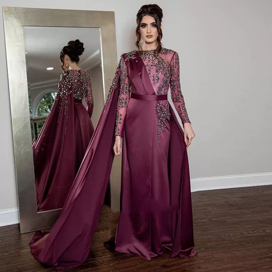 Women Wear Special Banquet Party O-Neck Long Sleeves Evening Dresses with Flutters Handmade Beaded Side Split Prom Gowns,LW037