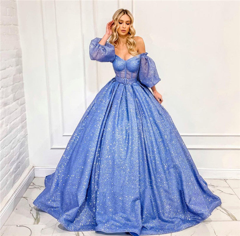 Sparkling Sequined Quinceanera Dresses Sweetheart Puffy Half Sleeves Vestidos De 15 Años Long Ruched A Line Prom Formal Banquet,LW059