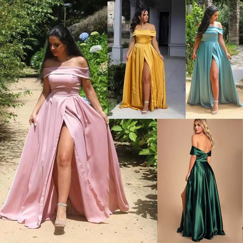 Formal Party Dresses Evening Women Wear Bateau Neck Ruched Side Split Prom Gowns Sexy Backless A Line Robe De Marrige,LW050