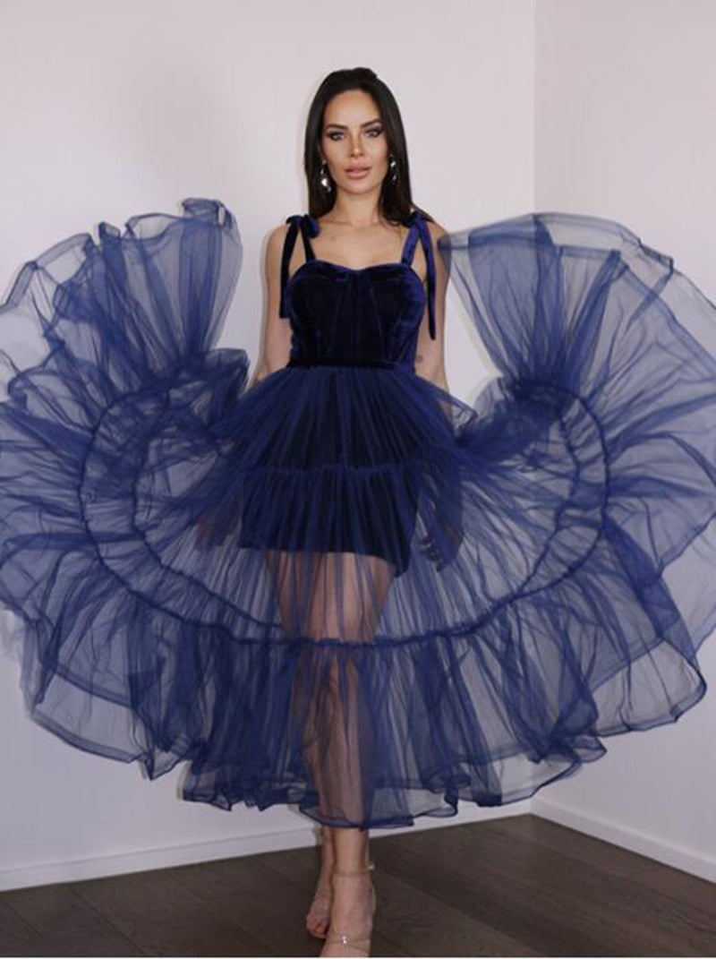 Navy Blue Prom Dresses Spaghetti Sweetheart Velvet Top Homecoming Party Gowns Ankle Length Tulle Bride Evening Wear,LW061