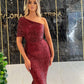 Glitter Burgundy Sequined Mermaid Dresses Evening Party Women Wear 2022 One Shoulder Short Sleeves Trumpet Prom Vestidos,LW031