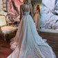 Glitzerndes Brautkleid in A-Linie mit glänzenden Tüllträgern und Perlen, langem Schwanz, Brautkleider, DS4450