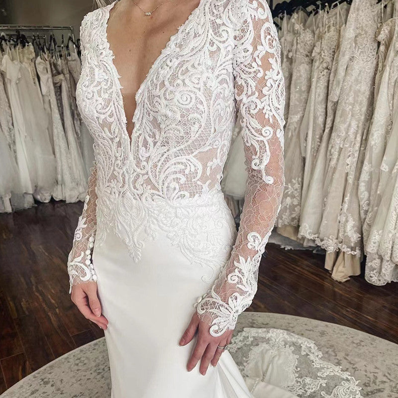 Sexy Backless Buttons Mermaid Wedding Dresses for Women Deep V Neck Bridal Gowns Lace Applique Long Sleeves,LW047