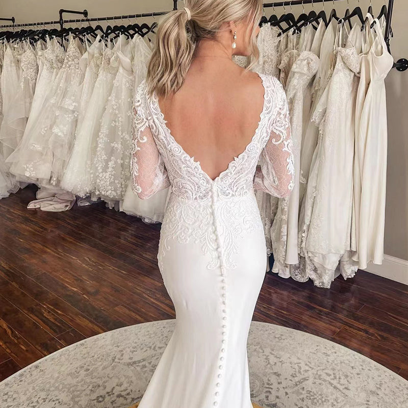 Sexy Backless Buttons Mermaid Wedding Dresses for Women Deep V Neck Bridal Gowns Lace Applique Long Sleeves,LW047