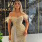 Sparkling Sequins Side Split Long Evening Party Bride Gowns with Feathers Off Shoulder Prom Dresses Zipper Back Robe De Marrige,LW030