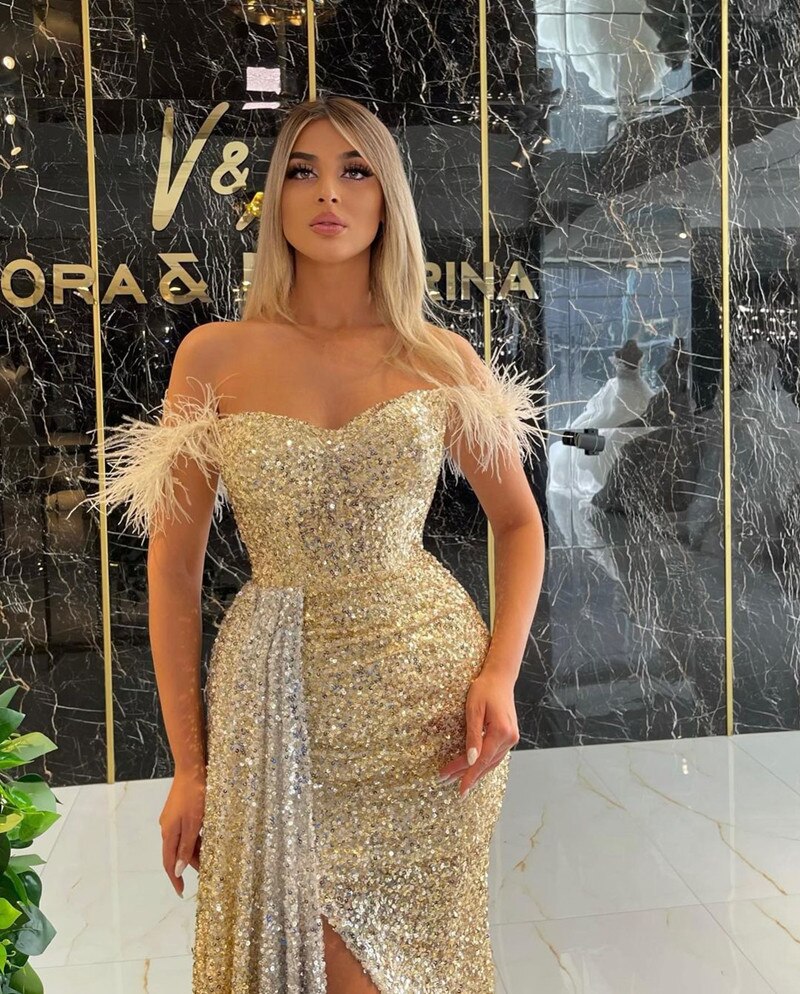 Sparkling Sequins Side Split Long Evening Party Bride Gowns with Feathers Off Shoulder Prom Dresses Zipper Back Robe De Marrige,LW030