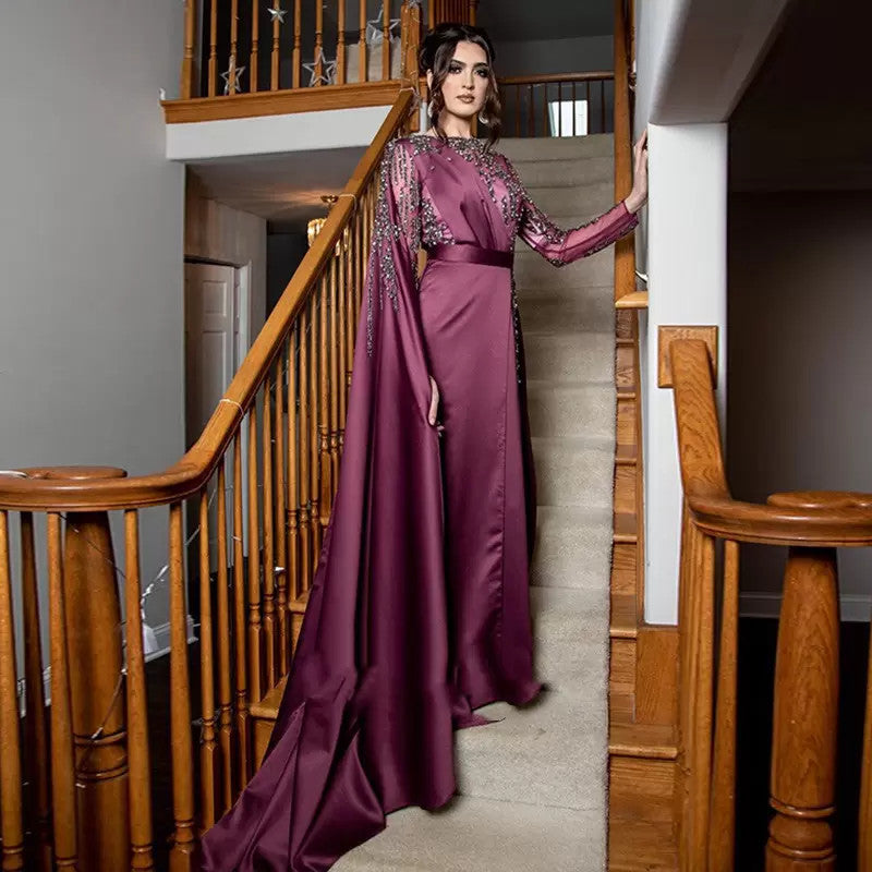 Women Wear Special Banquet Party O-Neck Long Sleeves Evening Dresses with Flutters Handmade Beaded Side Split Prom Gowns,LW037