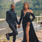 Black Sequined Side Split Sexy Mermaid Dresses for Evening Party Sheer Neck Long Sleeves Prom Gowns with Detachable Train,LW043