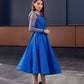 Light Royal Blue Tea Length Prom Dresses Scoop Neck Long Sleeves Homecoming Party Graduation Gowns Short A Line Women Wear,LW052