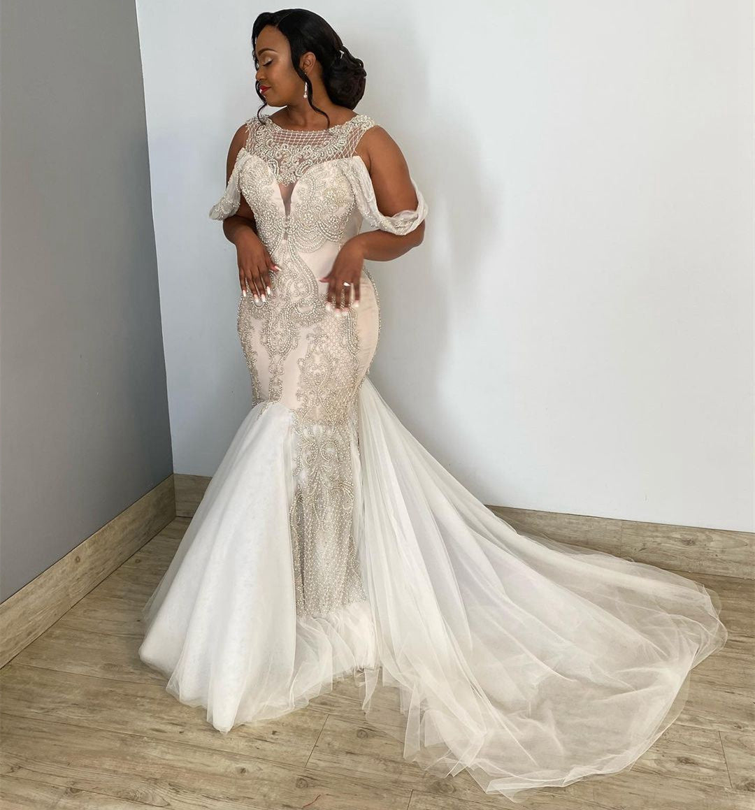 New Style Off Shoulder Mermaid Wedding Dresses Bridal Gowns Beaded Applique Tulle Long Vestidos De Novia,LW034