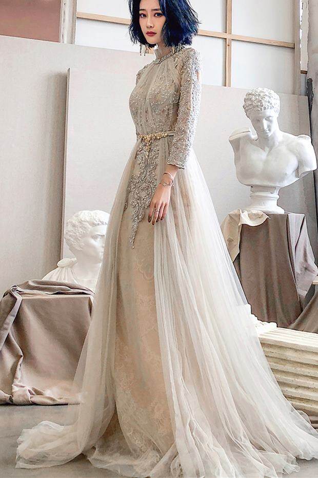 High Neck Light Champagne Long Sleeves Evening Dress,DS3491