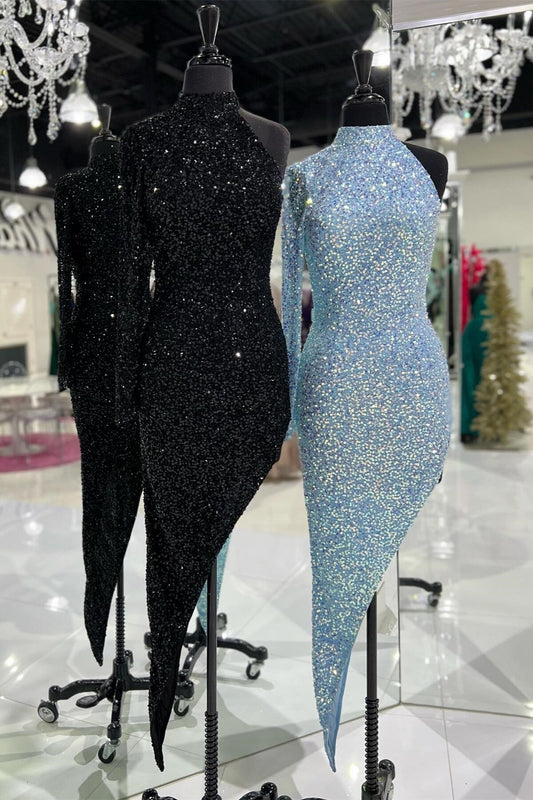 High Neck Tight Sequins Long Dress with Slit,DS3467
