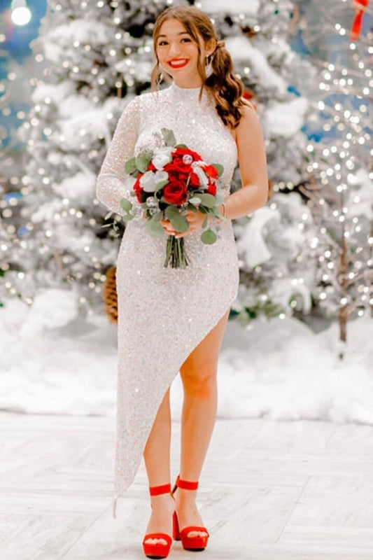 High Neck Tight Sequins Long Dress with Slit,DS3467
