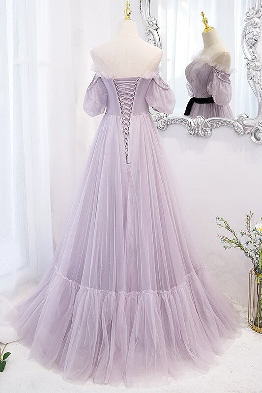 Lavender Soft Tulle Off the Shoulder Long Prom Dress,DS3463