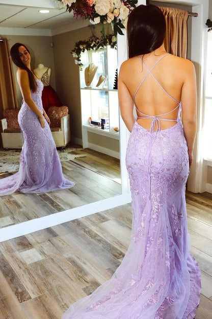 Trumpet Lace Backless Lilac Long Prom Graduation Dress,Mermaid Evening Gowns,DS4931