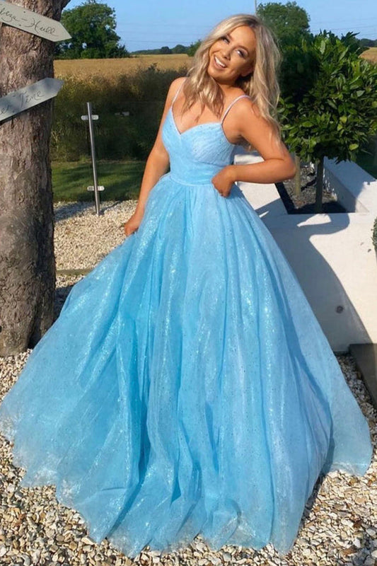 Robe de bal longue en tulle bleu, robe de soirée bleue, DS4589