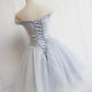 Off the Shoulder Short Gray Prom Dresses with Coset Back, Short Beaded Gray Graduation Homecoming Dresses,DS3082