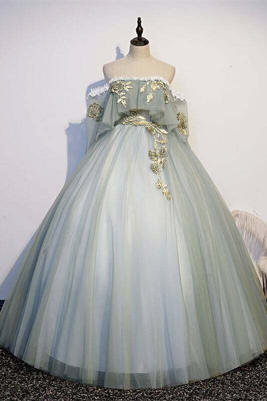 Robe de bal longue verte en tulle à épaules dénudées, DS4464