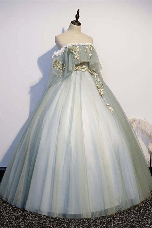 Robe de bal longue verte en tulle à épaules dénudées, DS4464