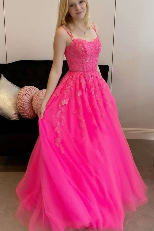 Hot Pink A Line Tulle Lace Appliques Long Prom Dresses, Formal Graduation Evening Dresses,DS4558