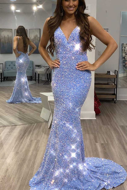 Shiny Blue Sequins Mermaid Backless Prom Dress,Sequined Evening Gown,Celebrity Dresses,DS4993