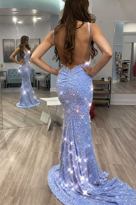 Shiny Blue Sequins Mermaid Backless Prom Dress,Sequined Evening Gown,Celebrity Dresses,DS4993