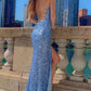 Spaghetti Straps Blue Sequin Mermaid Prom Dresses With Side Slit ,WD5753