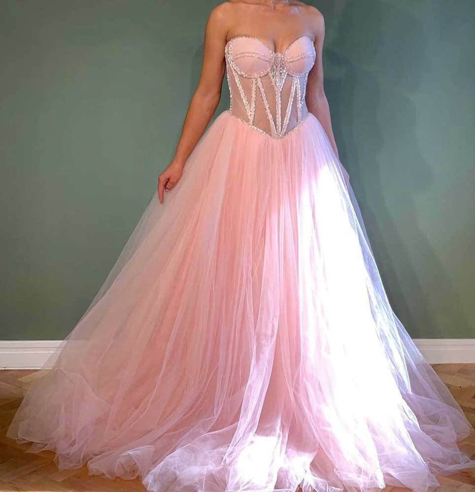 Light Pink A Line Prom Dress,Crustal Beaded Long Evening Dresses,DS4566