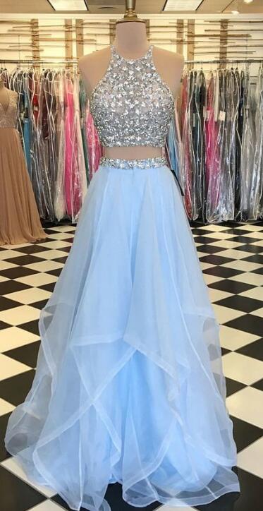 Two Pieces Long Prom Dresses With Beading Fashion School Dance Dress Winter Formal Dress,DS5004